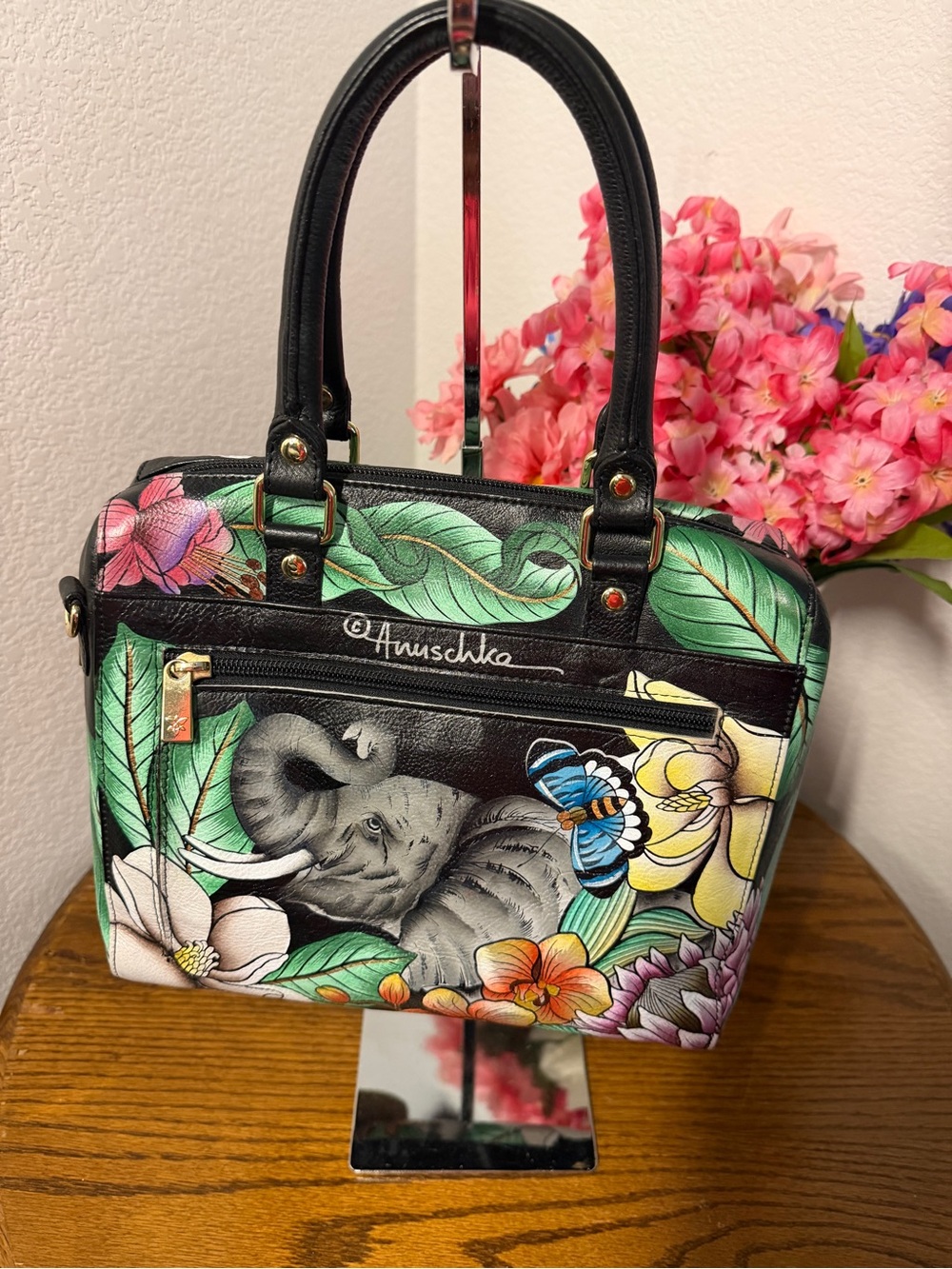 Anuschka Black Hand-Painted Elephant & Floral Satchel with Green Leaves